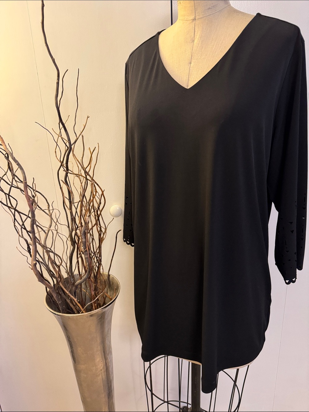 Susan Graver Black V-Neck Tunic with Eyelet 3/4 Sleeves